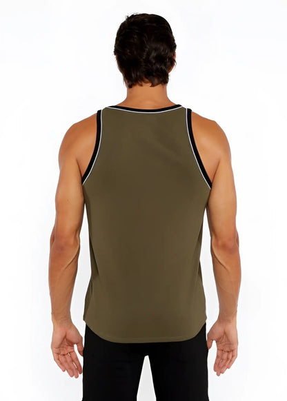 Olive green rib stretch ringer tank with black and white piping detail along neckline and armholes