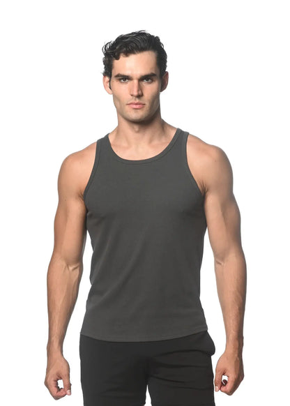Dark gray rib stretch tencel cotton sleeveless tank top with a simple fitted design for comfortable wear