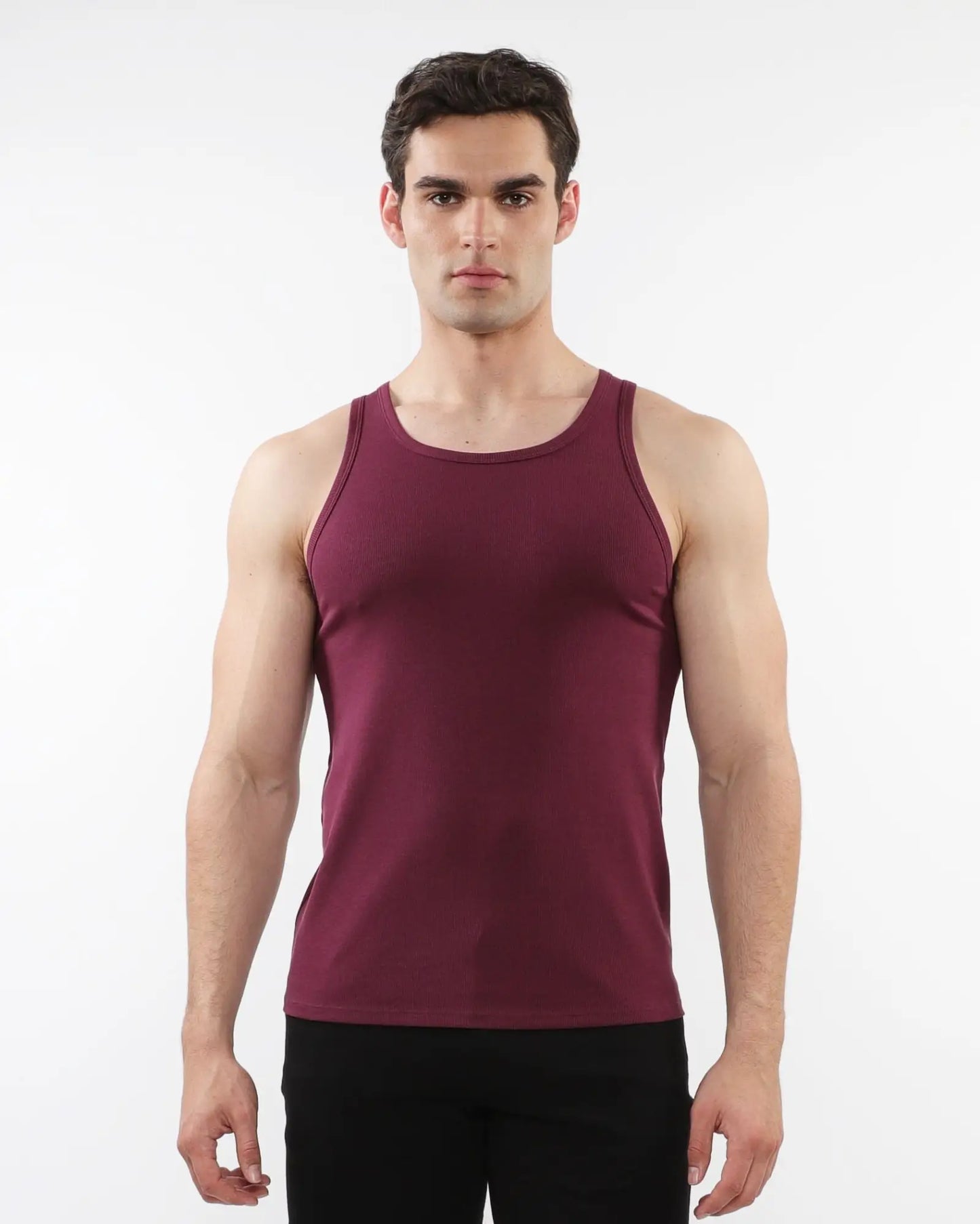 A maroon rib stretch tencel cotton tank top with a fitted sleeveless design perfect for casual wear