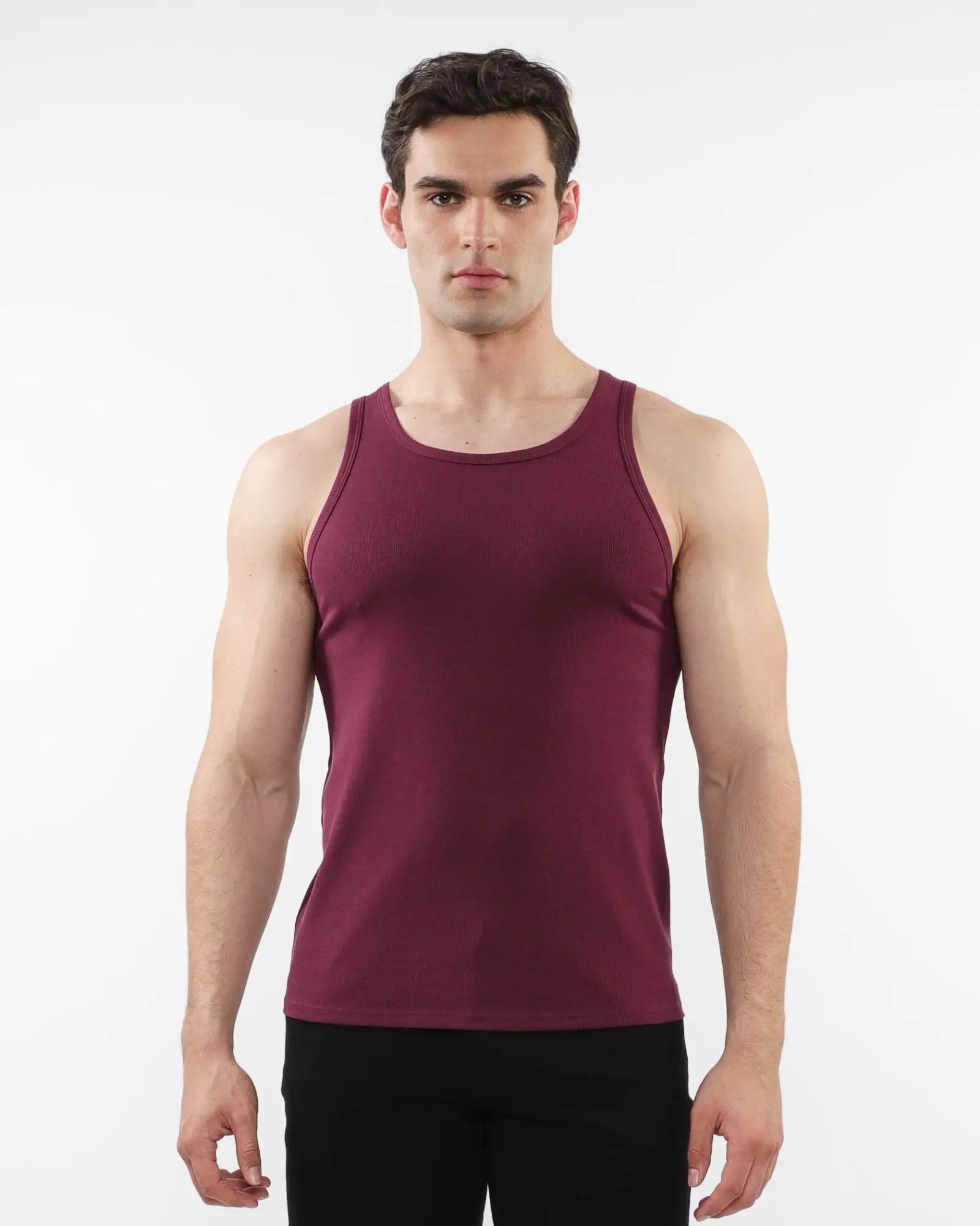 A maroon rib stretch tencel cotton tank top with a fitted sleeveless design perfect for casual wear