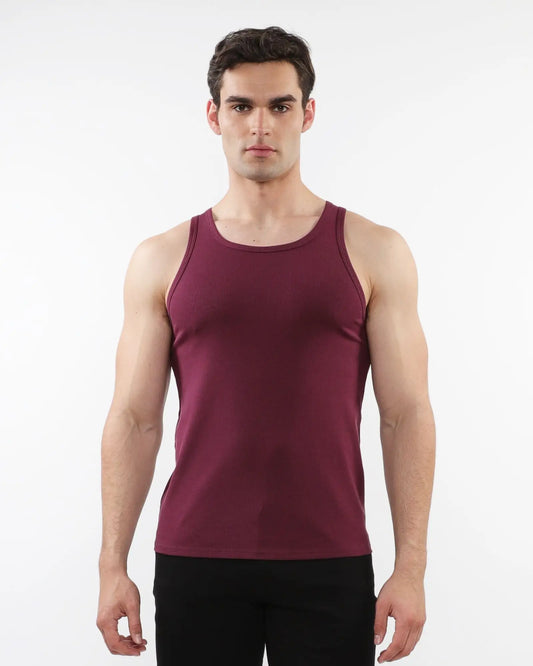 A maroon rib stretch tencel cotton tank top with a fitted sleeveless design perfect for casual wear