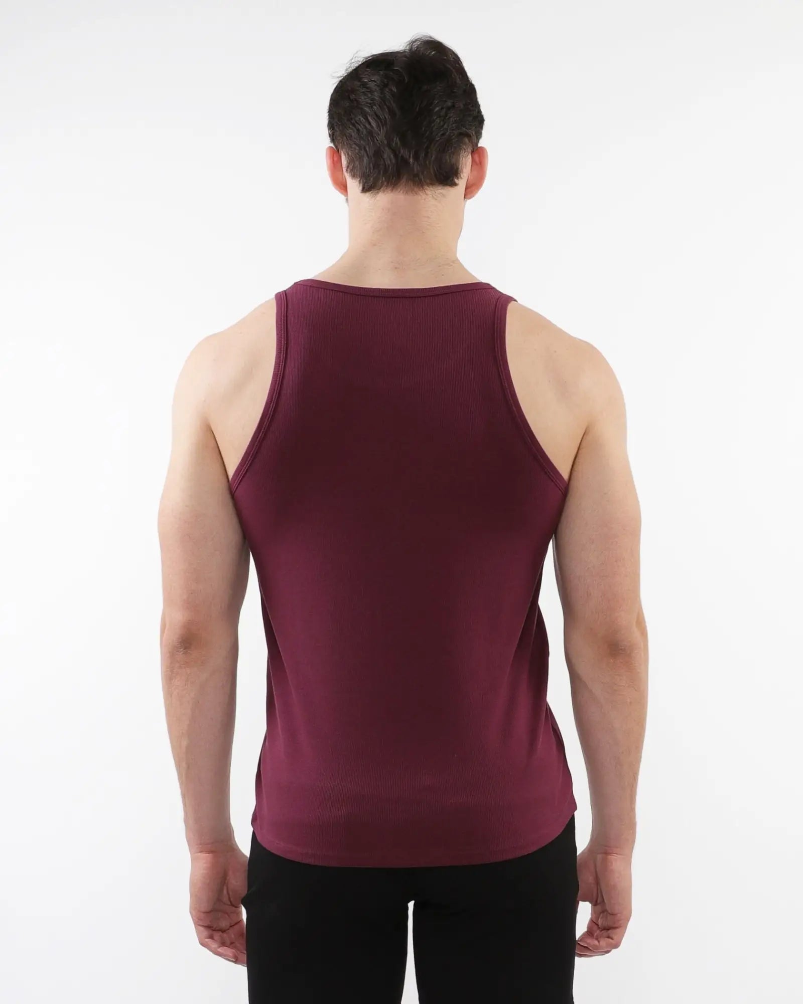 A maroon rib stretch tencel cotton tank top with smooth fitted fabric and rounded neckline