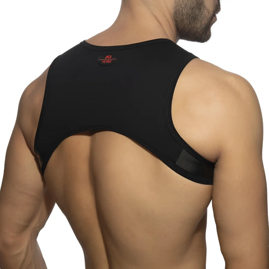 Black rind plan harness back support garment showing sleek form-fitting design for fetish wear