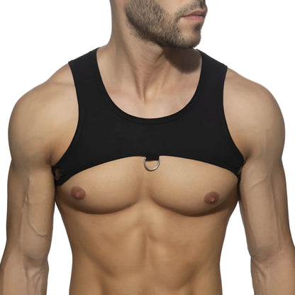 Black sleeveless top ring plan harness with silver metal ring center front detail for stylish layering