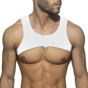 White sleeveless top named ring plan harness featuring a central metal ring at the chest for stylish layering