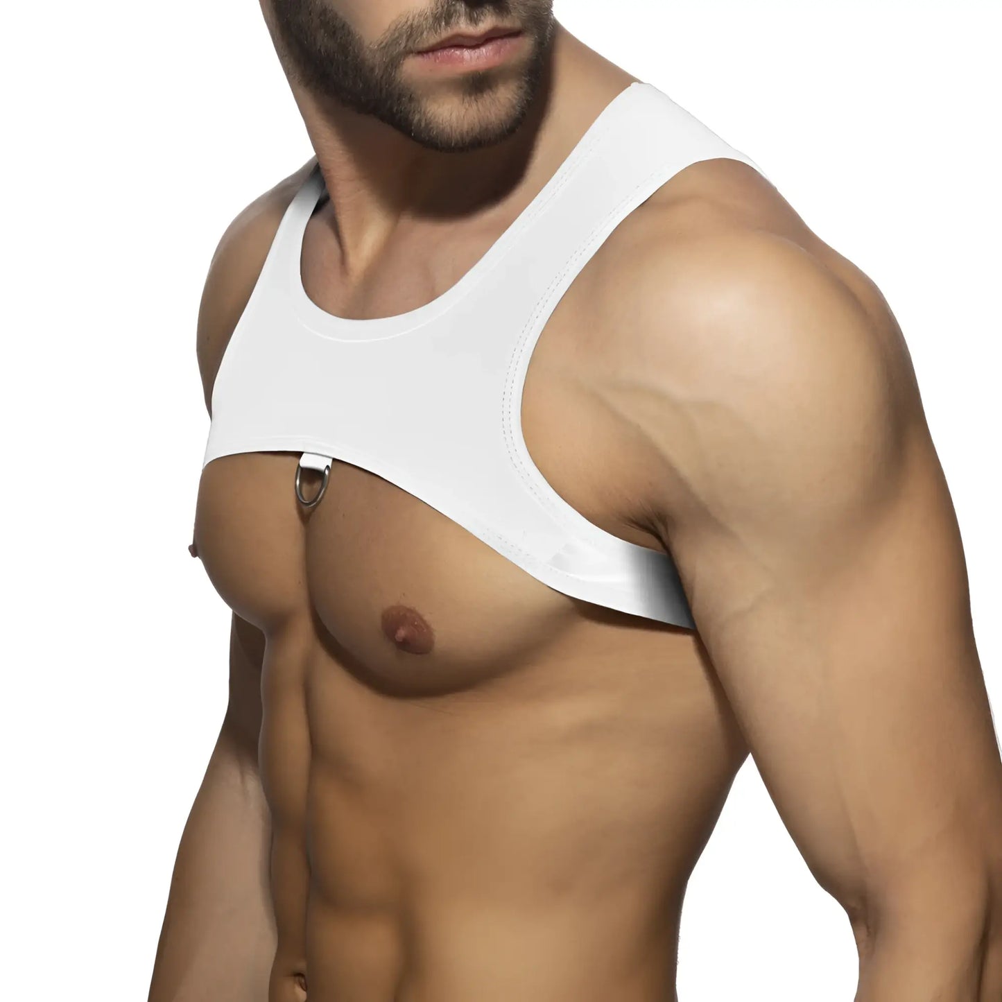 White form-fitting tank top ring plan harness with metallic ring detail at center front in soft stretch fabric