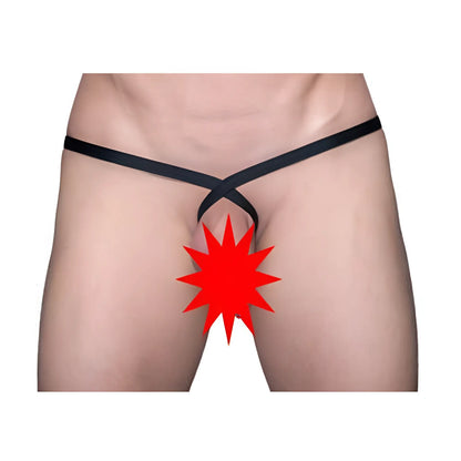 Black satin ring thong with crossed waistband design shown from the back in a thong and sock bundle