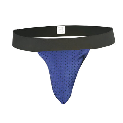Blue mesh thong with black elastic waistband part of ring thong and sock bundle shown from the back side
