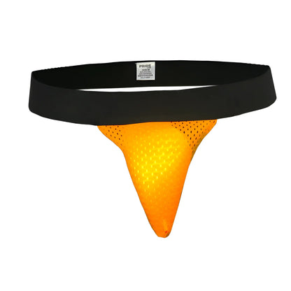 Bright orange mesh ring thong with black elastic waistband shown from the back in sock bundle set