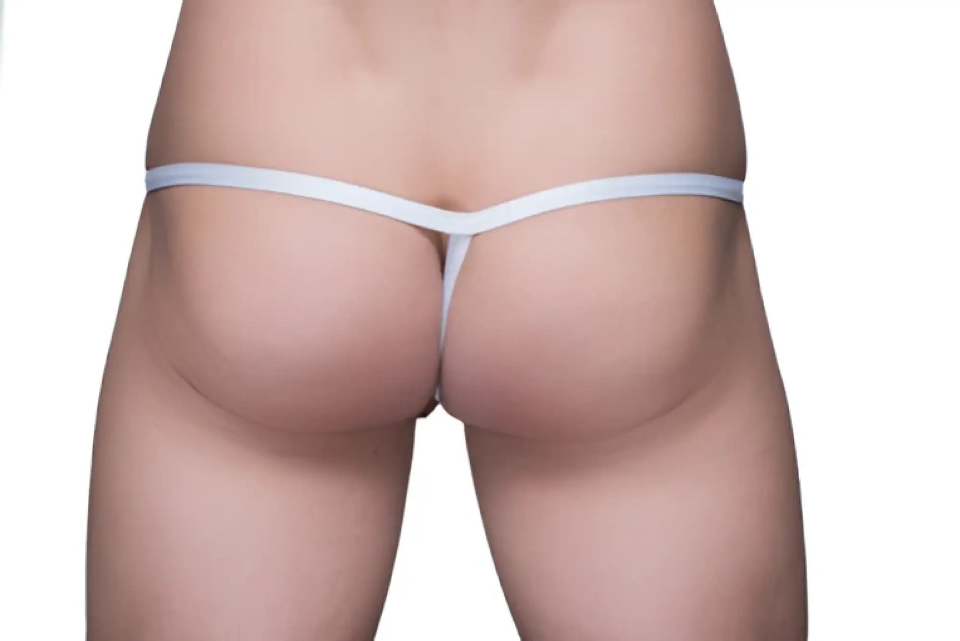 White thong underwear with a thin seamless design shown from the back in the ring thong and sock bundle product