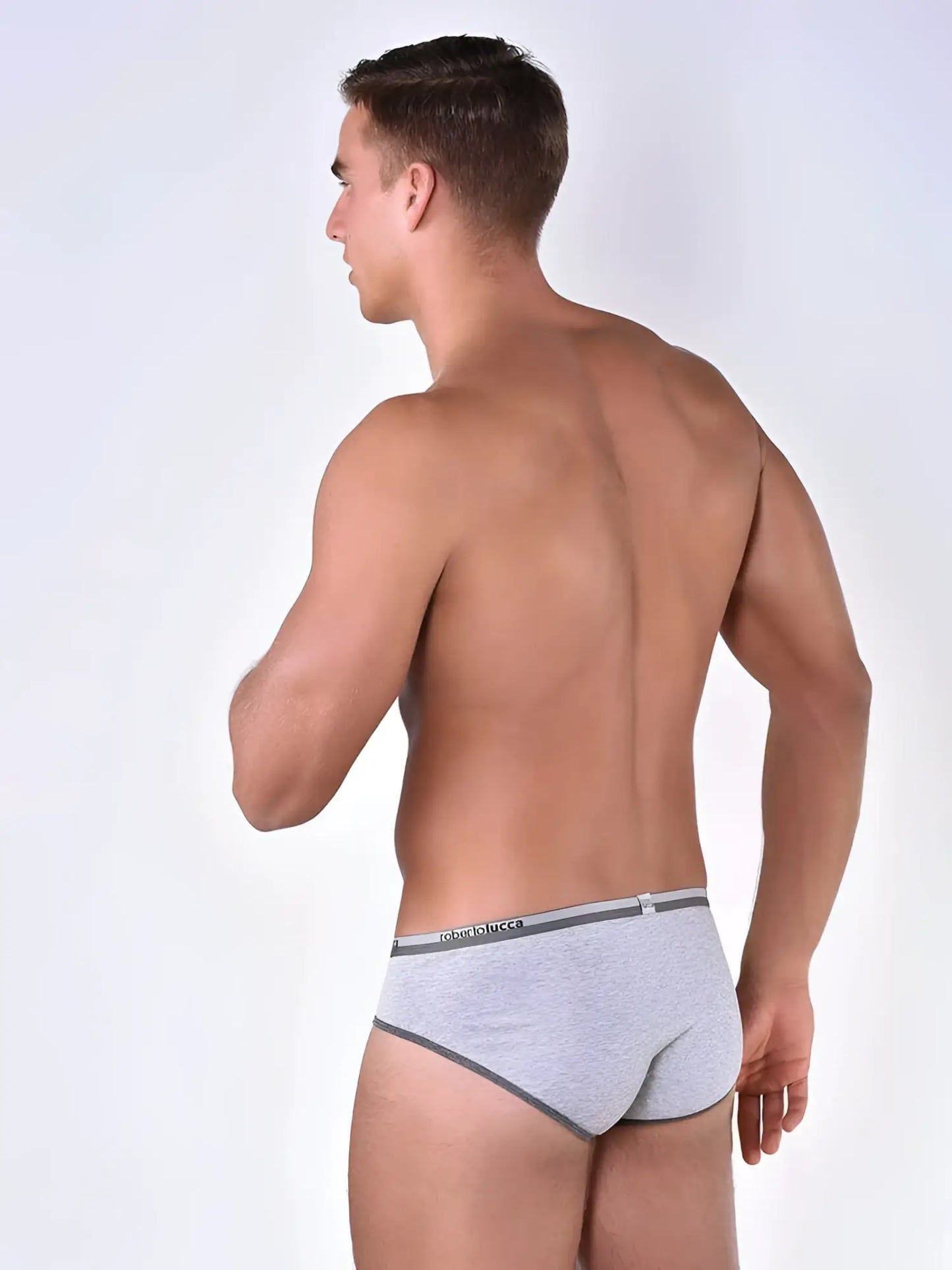Gray heathered briefs with dark gray trim and dolce and gabbana logo on waistband in size s