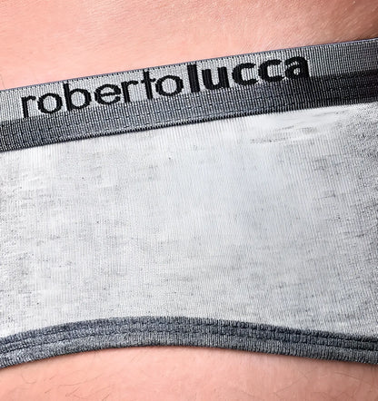 Gray heathered roberto lucca men’s brief underwear with black elastic waistband and brand logo size small