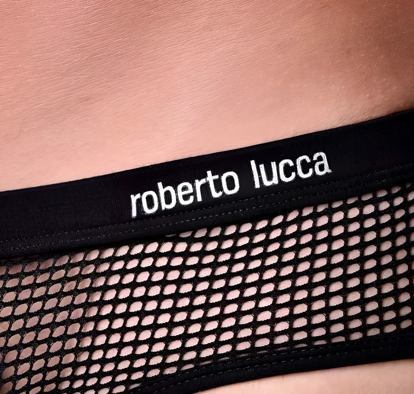 Black mesh trunk underwear with a solid black elastic waistband and white embroidered roberto lucca branding size l