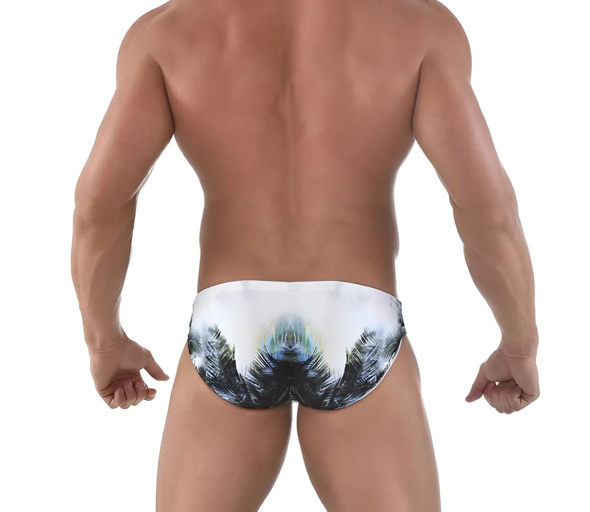 White swim trunks with symmetrical black green and blue tropical palm tree print by roberto lucca size 2xl