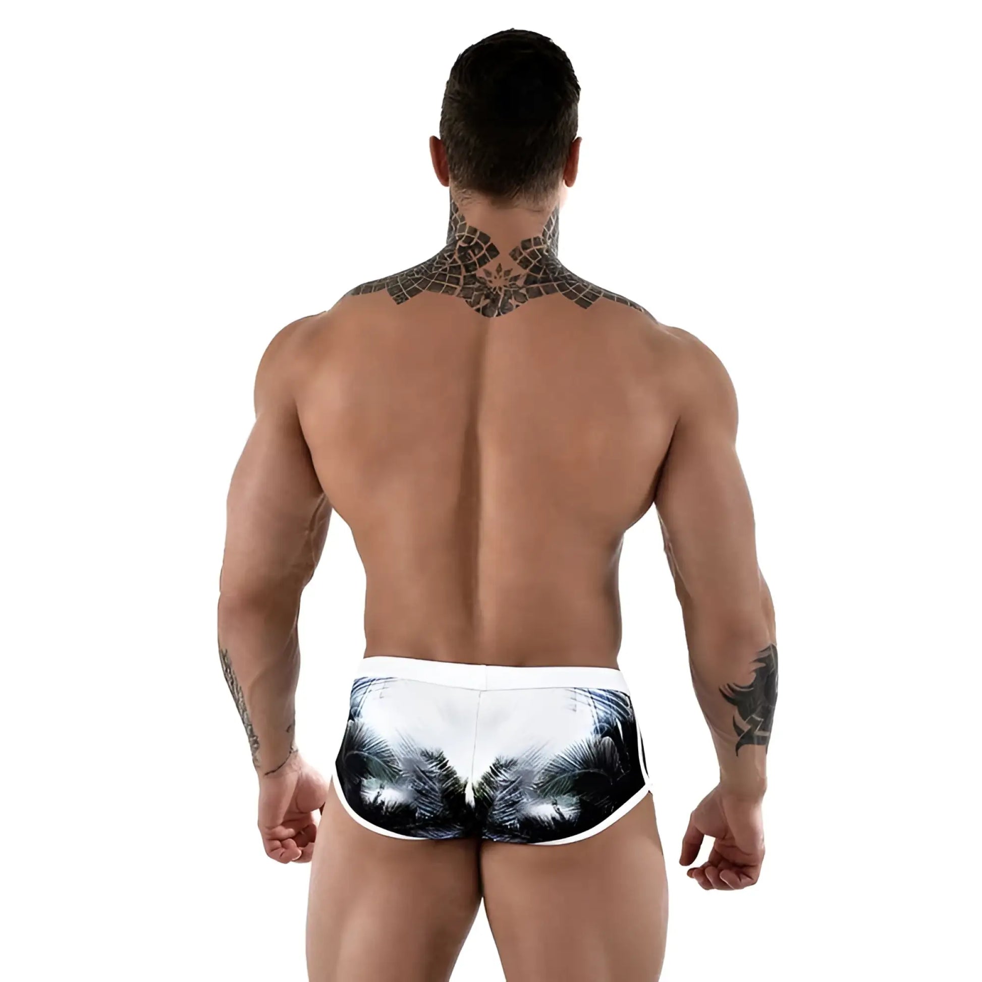 White swim trunks with black and gray palm tree print by Roberto Lucca in size 2XL for beach and pool use