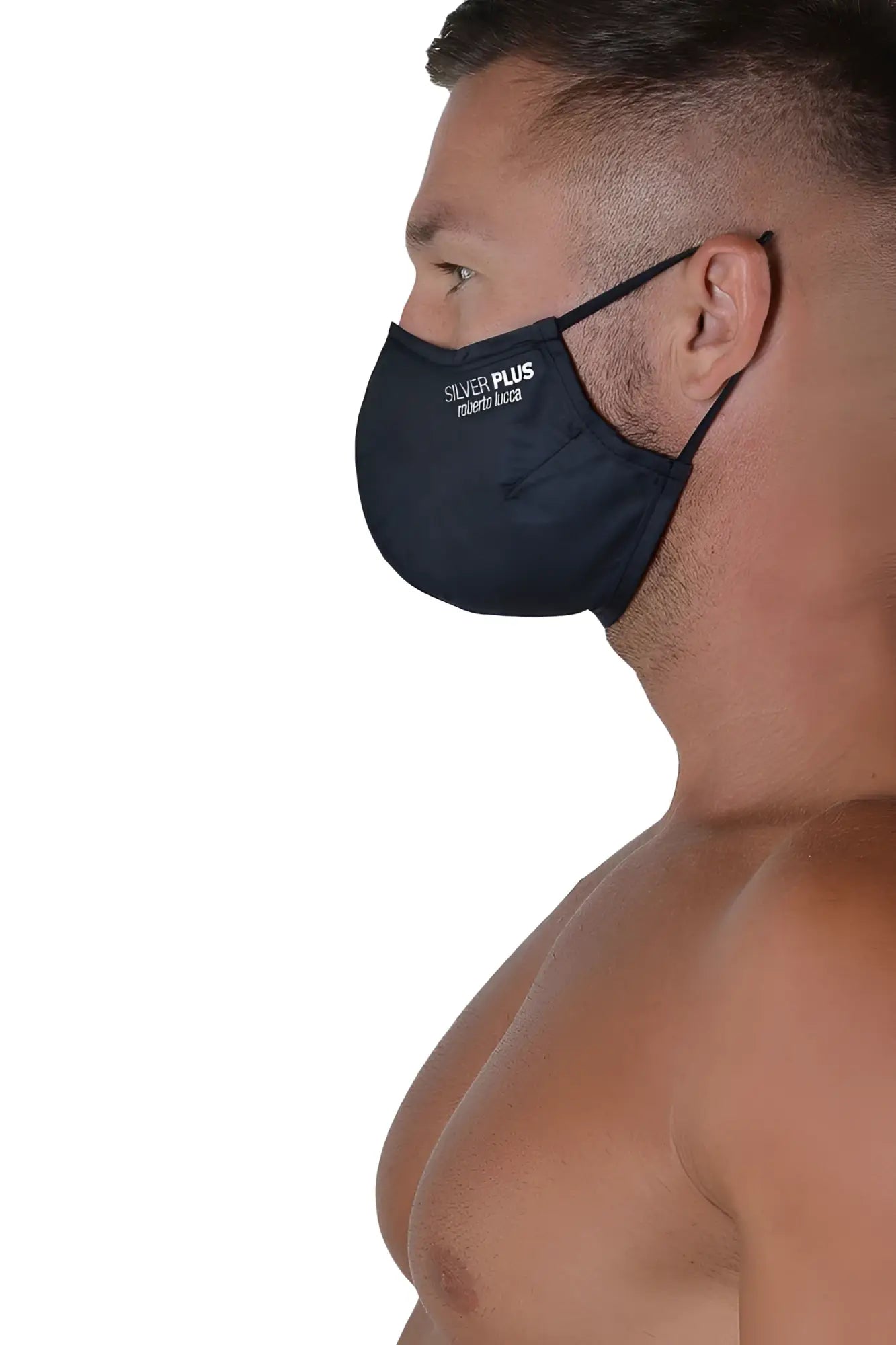 Black Roberto Lucca silver plus antibacterial fabric face mask with white matera lucca text size M