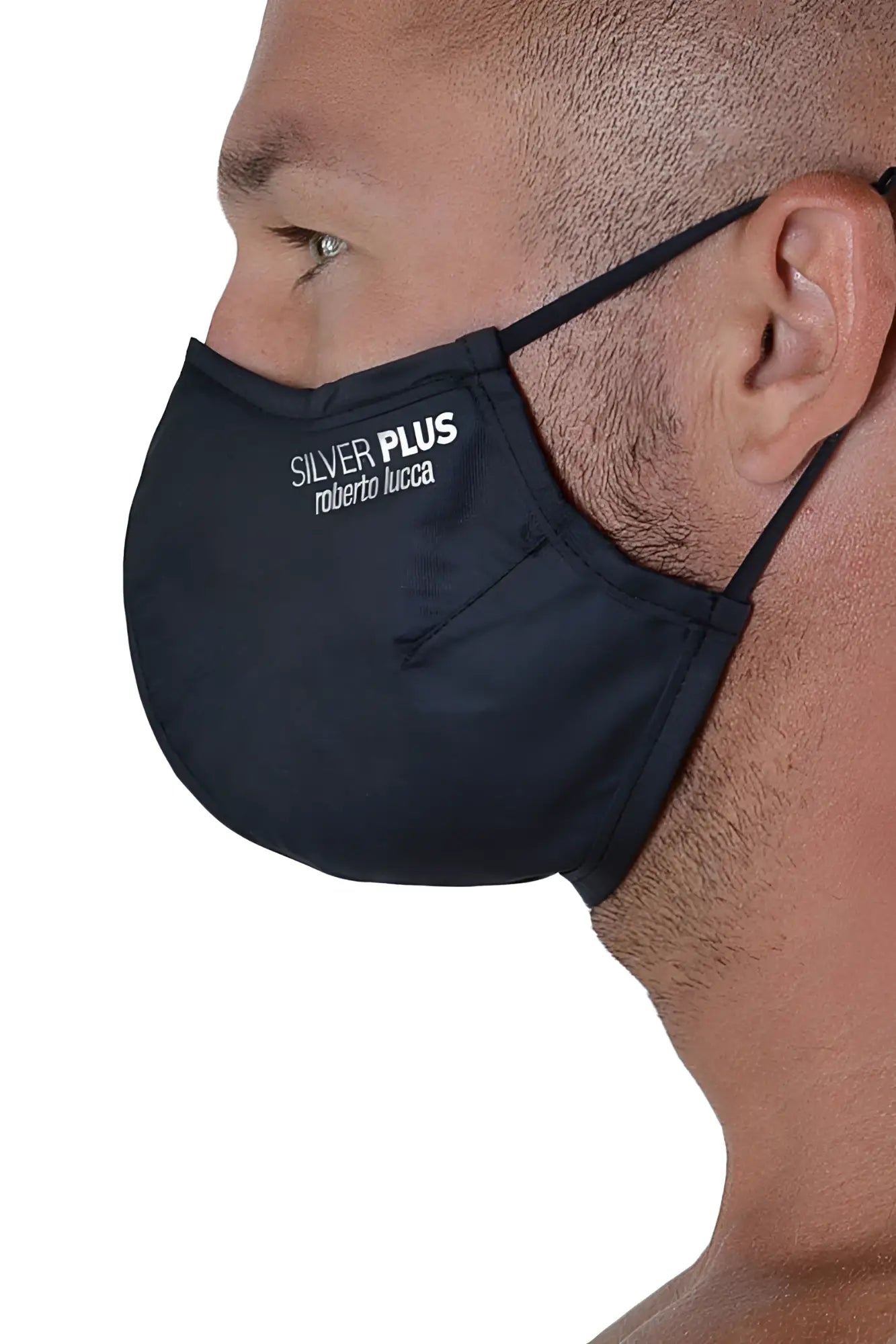Black Roberto Lucca silver plus antibacterial fabric face mask with white embroidered text size M