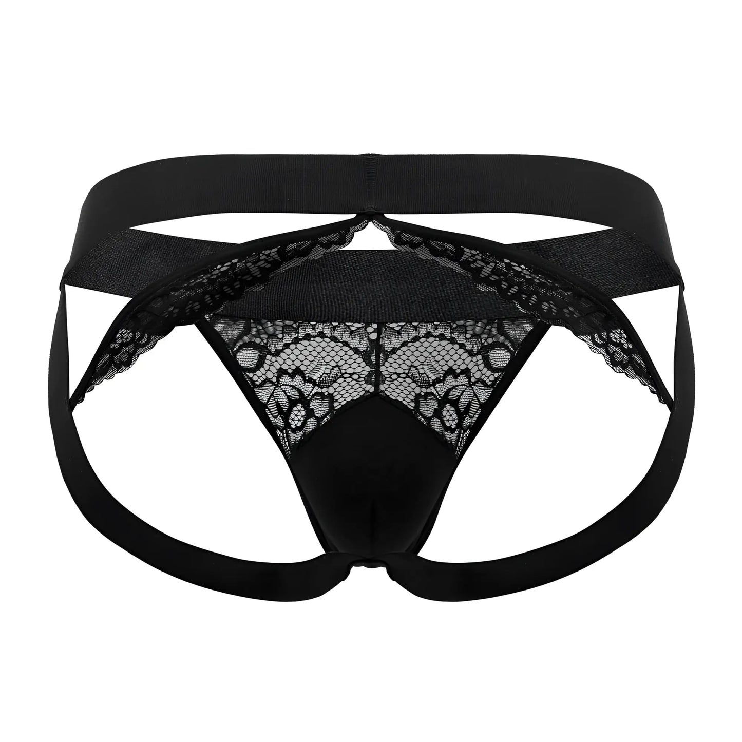 Black lace-trimmed men’s briefs roger smuth rs005 jockstrap with solid black elastic waistband and leg straps