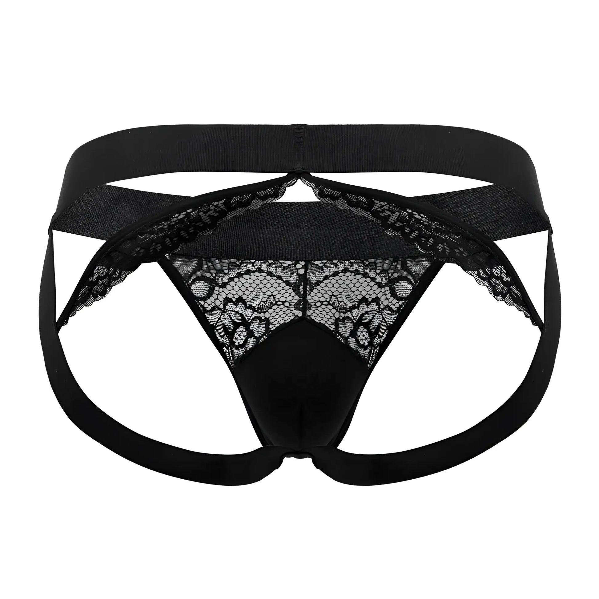 Black lace-trimmed men’s briefs roger smuth rs005 jockstrap with solid black elastic waistband and leg straps