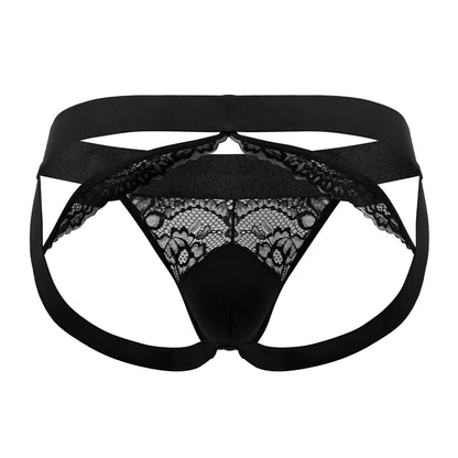 Black lace-trimmed men’s briefs roger smuth rs005 jockstrap with solid black elastic waistband and leg straps