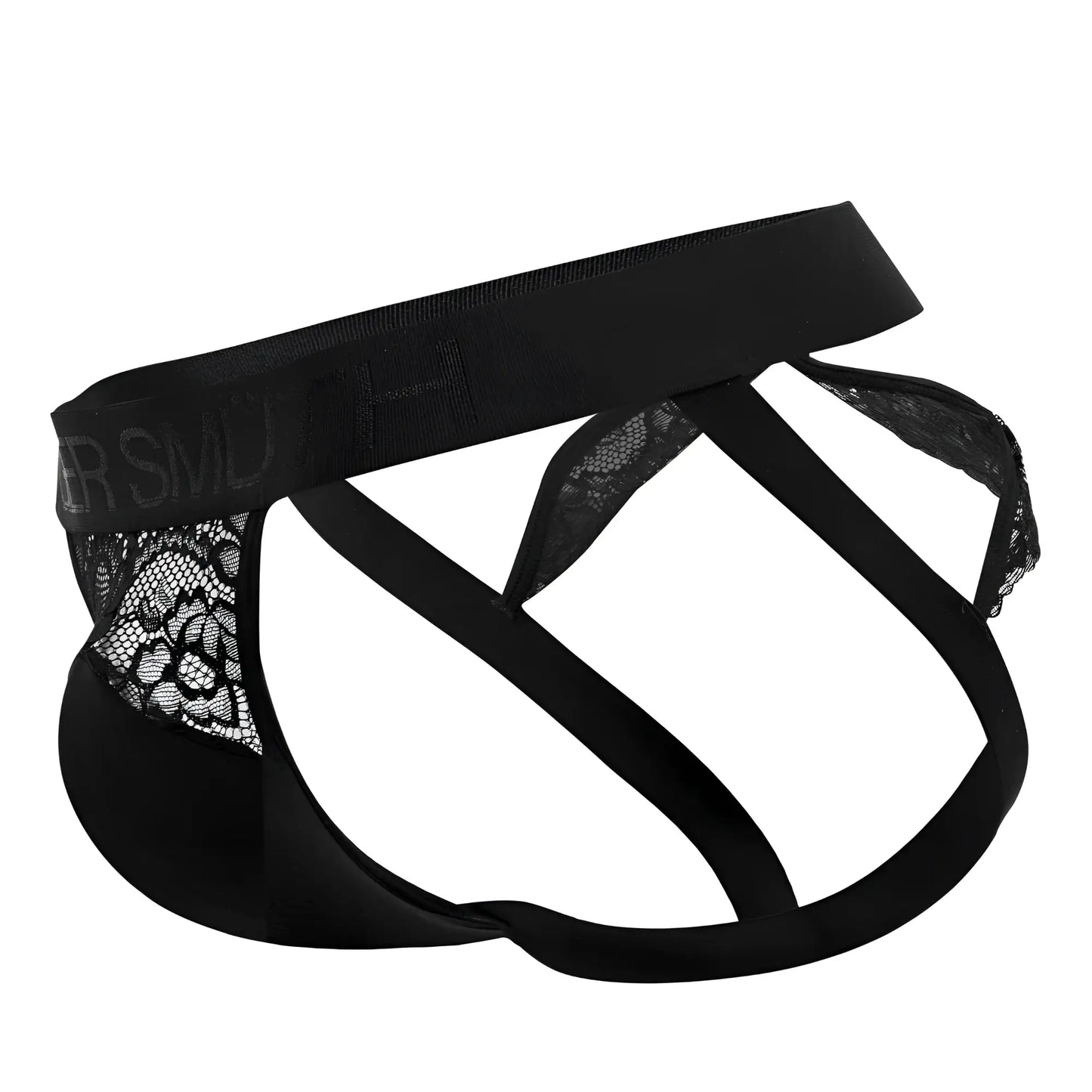 Black lace-trimmed roger smuth rs005 jockstrap briefs with solid black waistband and supportive straps front view