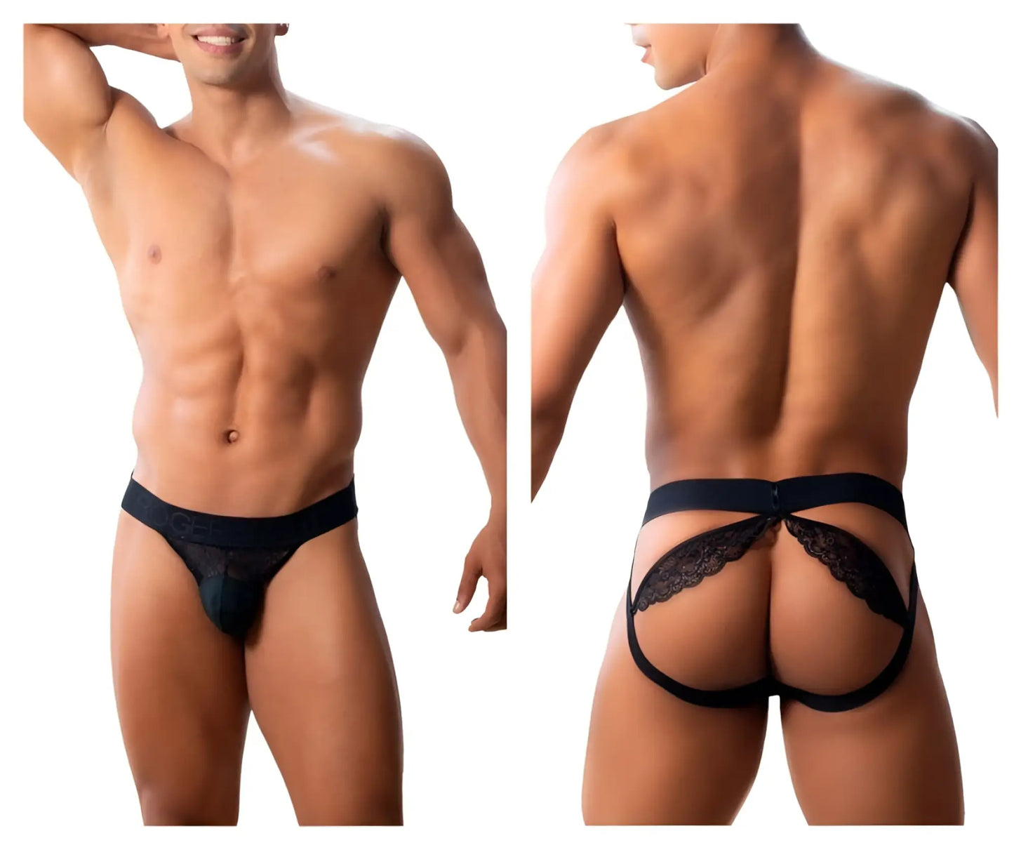 Black lace-trimmed roger smuth rs005 jockstrap thong with supportive backband showing back side