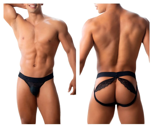 Black lace-trimmed roger smuth rs005 jockstrap thong with supportive backband showing back side