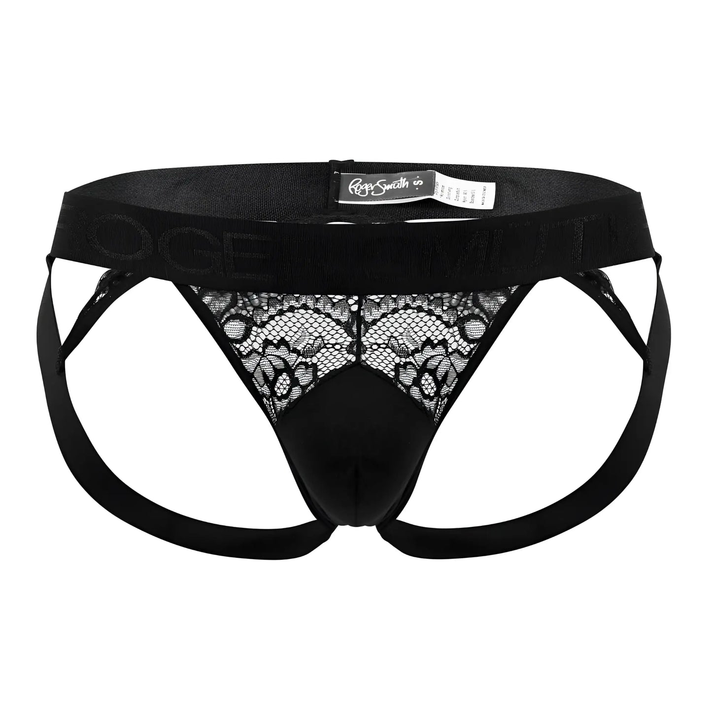 Black lace-trimmed briefs with solid black elastic waistband and rags smith co brand label from roger smuth rs005 jockstrap in black