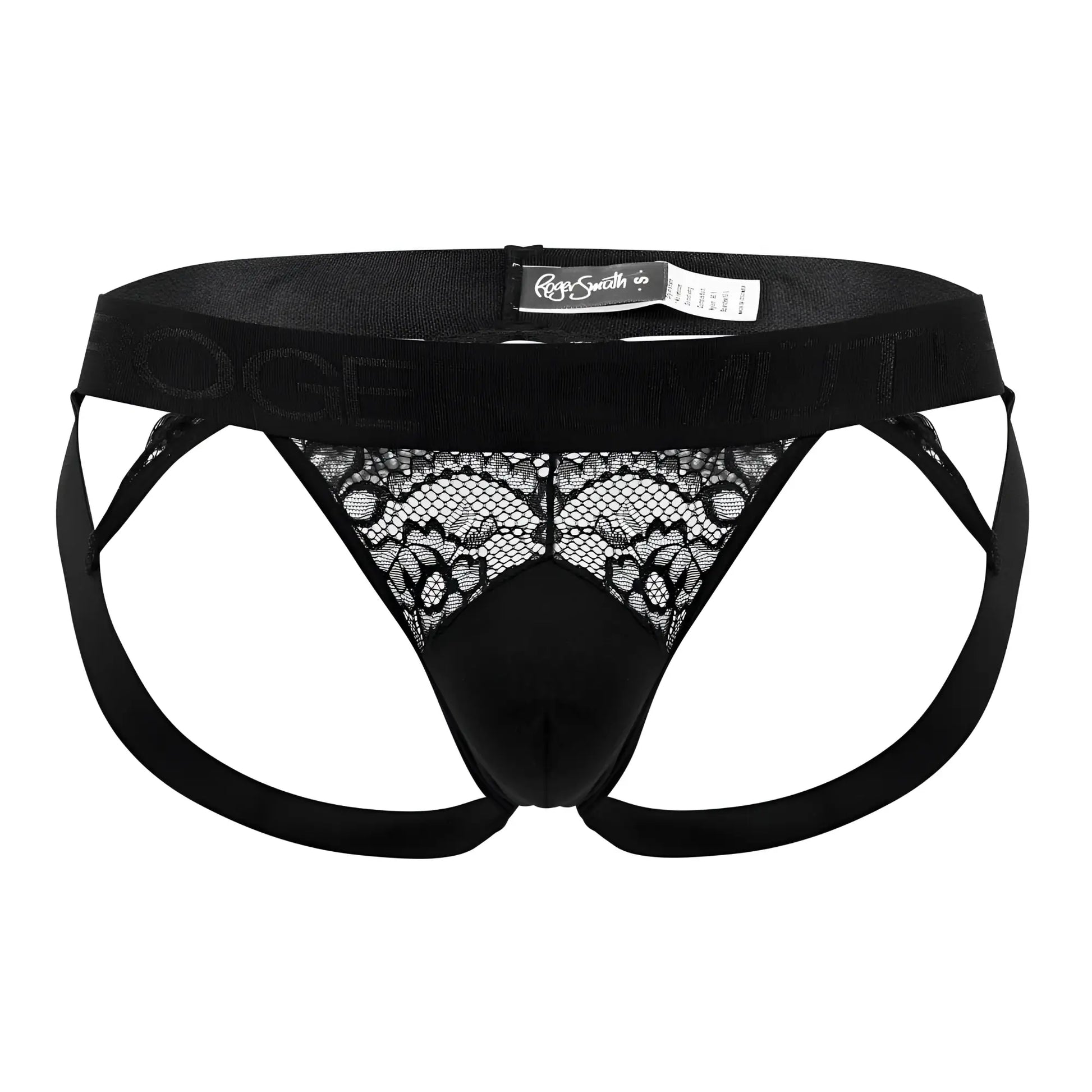 Black lace-trimmed briefs with solid black elastic waistband and rags smith co brand label from roger smuth rs005 jockstrap in black