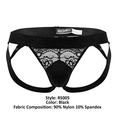 Black lace-trimmed briefs with elastic waistband and adjustable side straps from roger smuth rs005 jockstrap color black