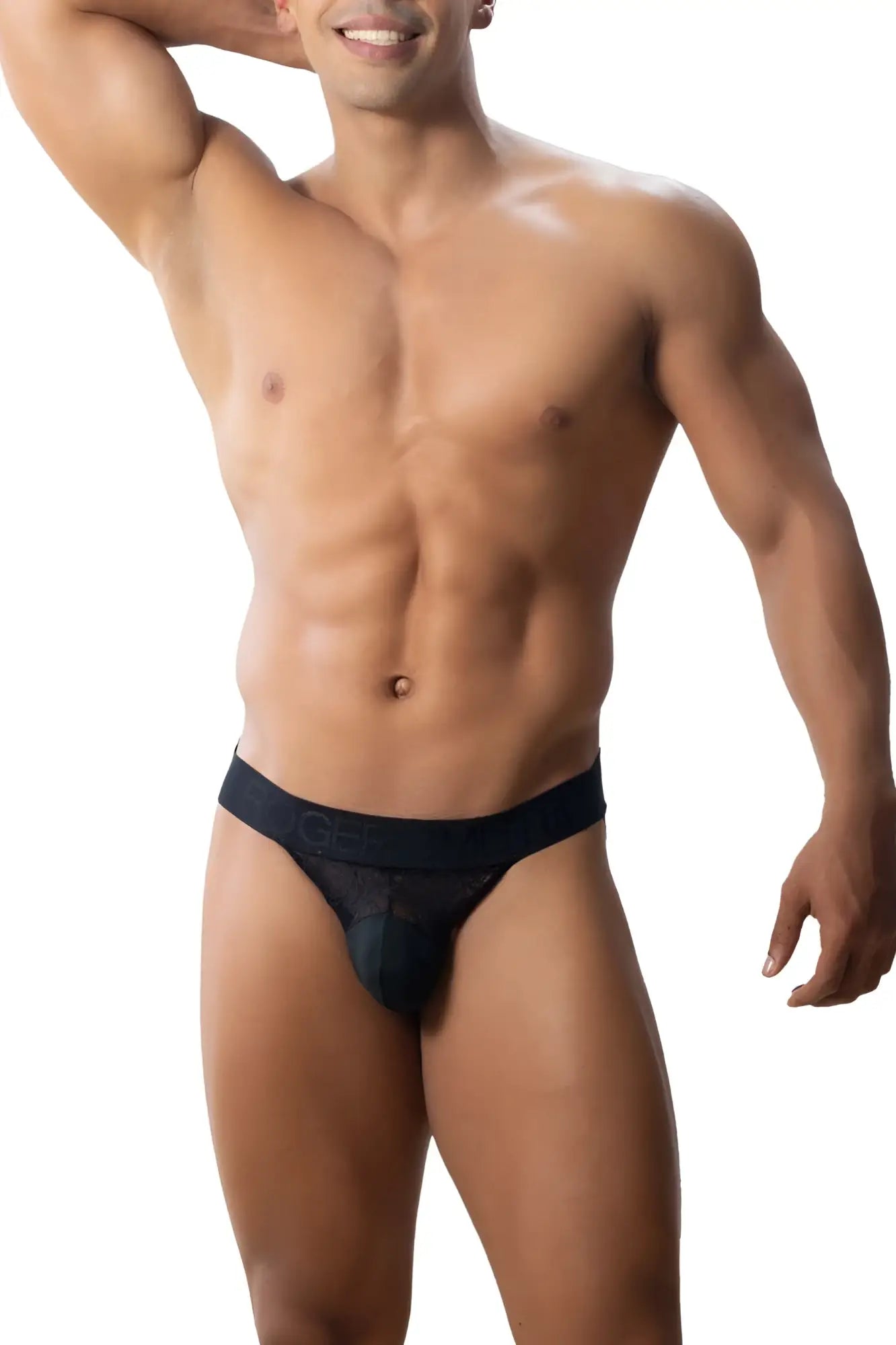 Black mesh Roger Smuth RS005 jockstrap briefs with subtle pattern and elastic waistband showing front side