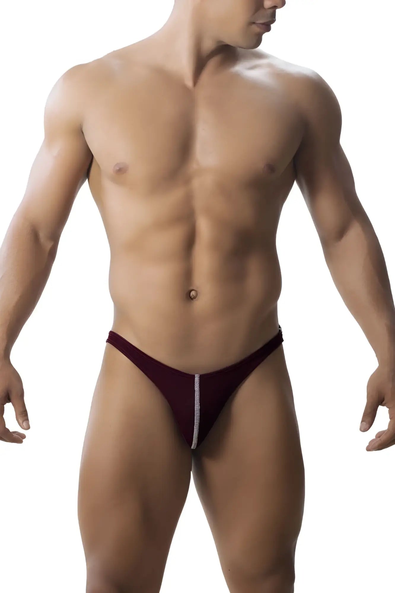 Roger Smuth RS018-1 burgundy jockstrap with maroon thong and silver zipper detail down the center