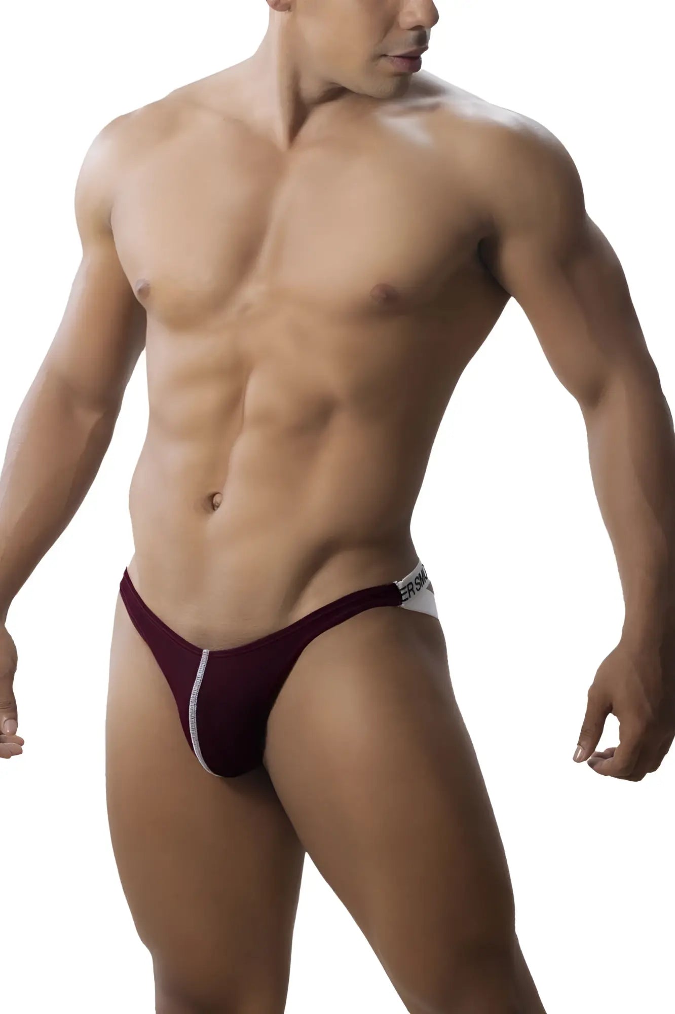 Maroon and white roger smuth rs018-1 jockstrap with a sleek form-fitting design and athletic briefs style