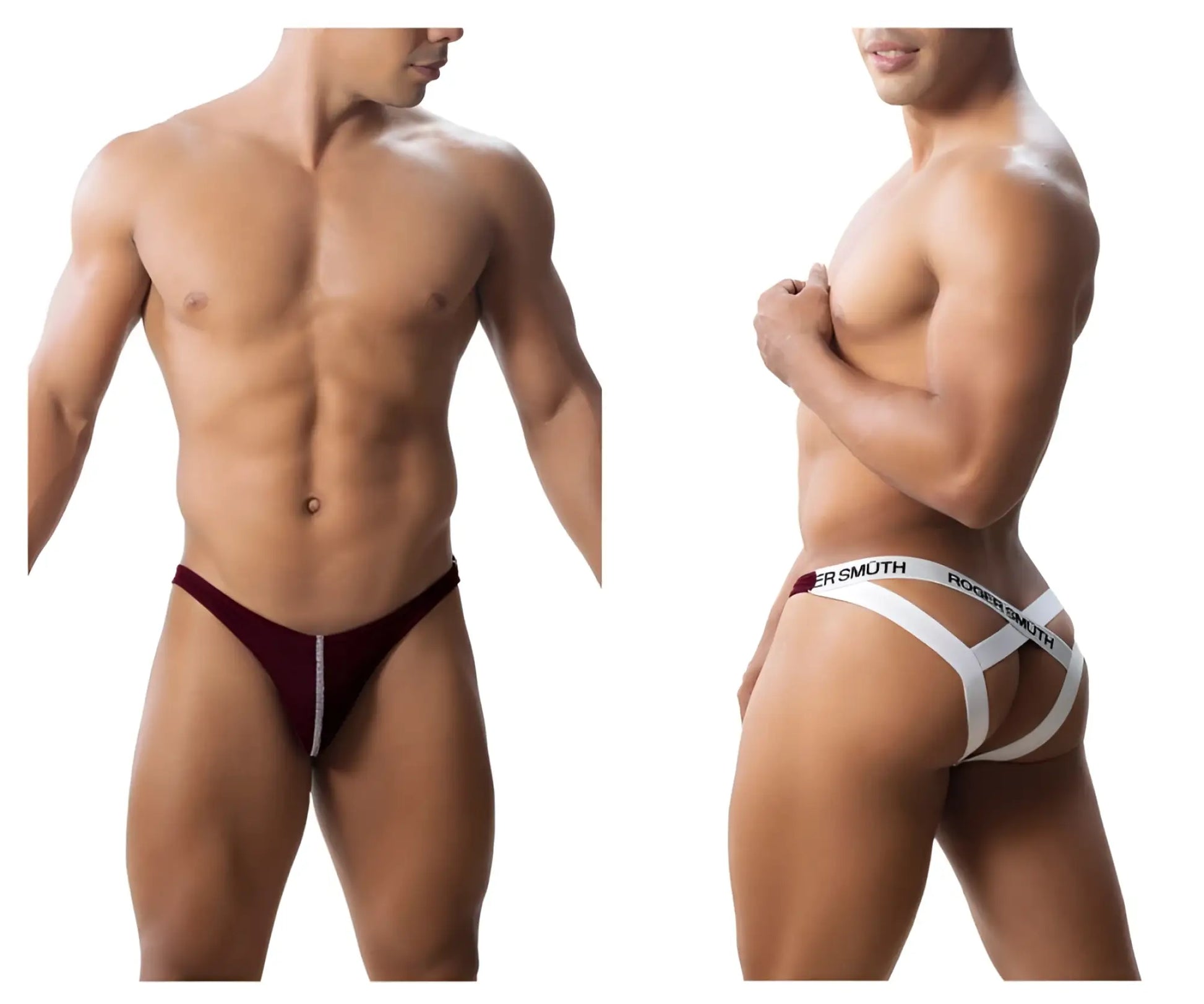 Roger smith rs018-1 jockstrap briefs in maroon and white with central zipper detail in burgundy color