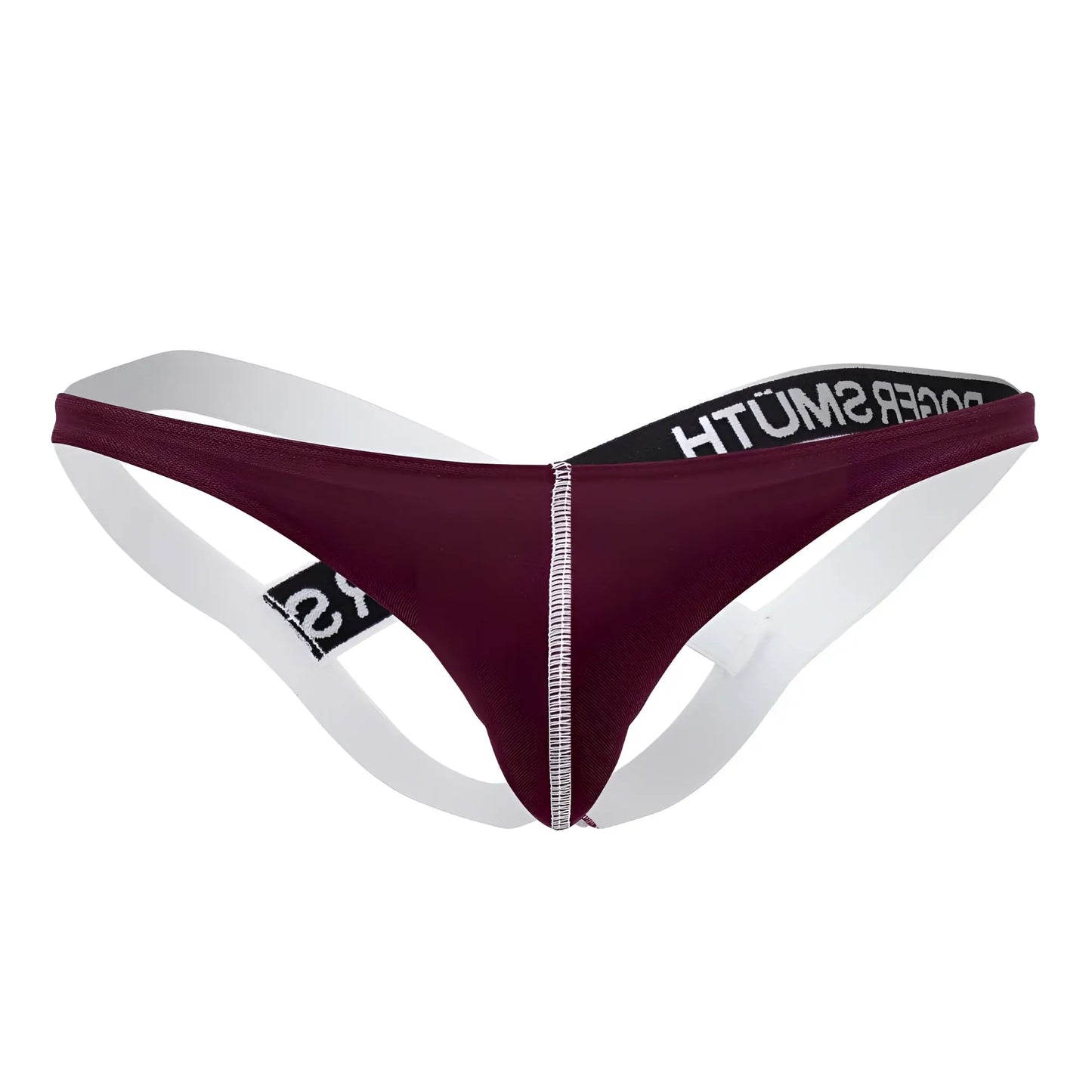 Maroon and white thong jockstrap with black elastic waistband and roger smith branding in burgundy color