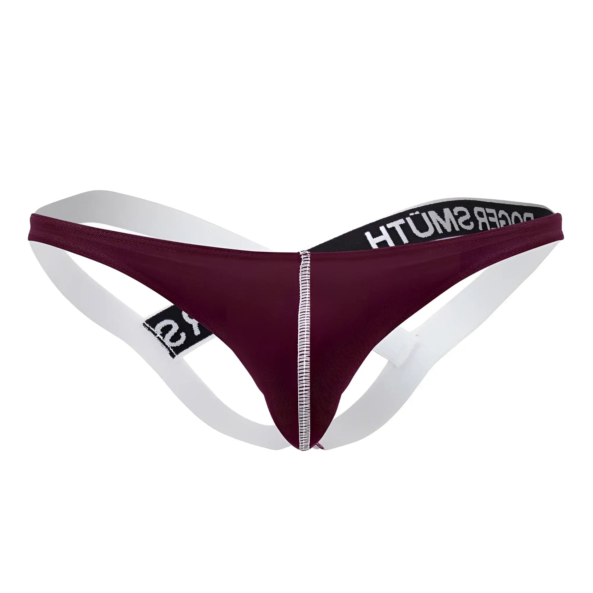Maroon and white thong jockstrap with black elastic waistband and roger smith branding in burgundy color