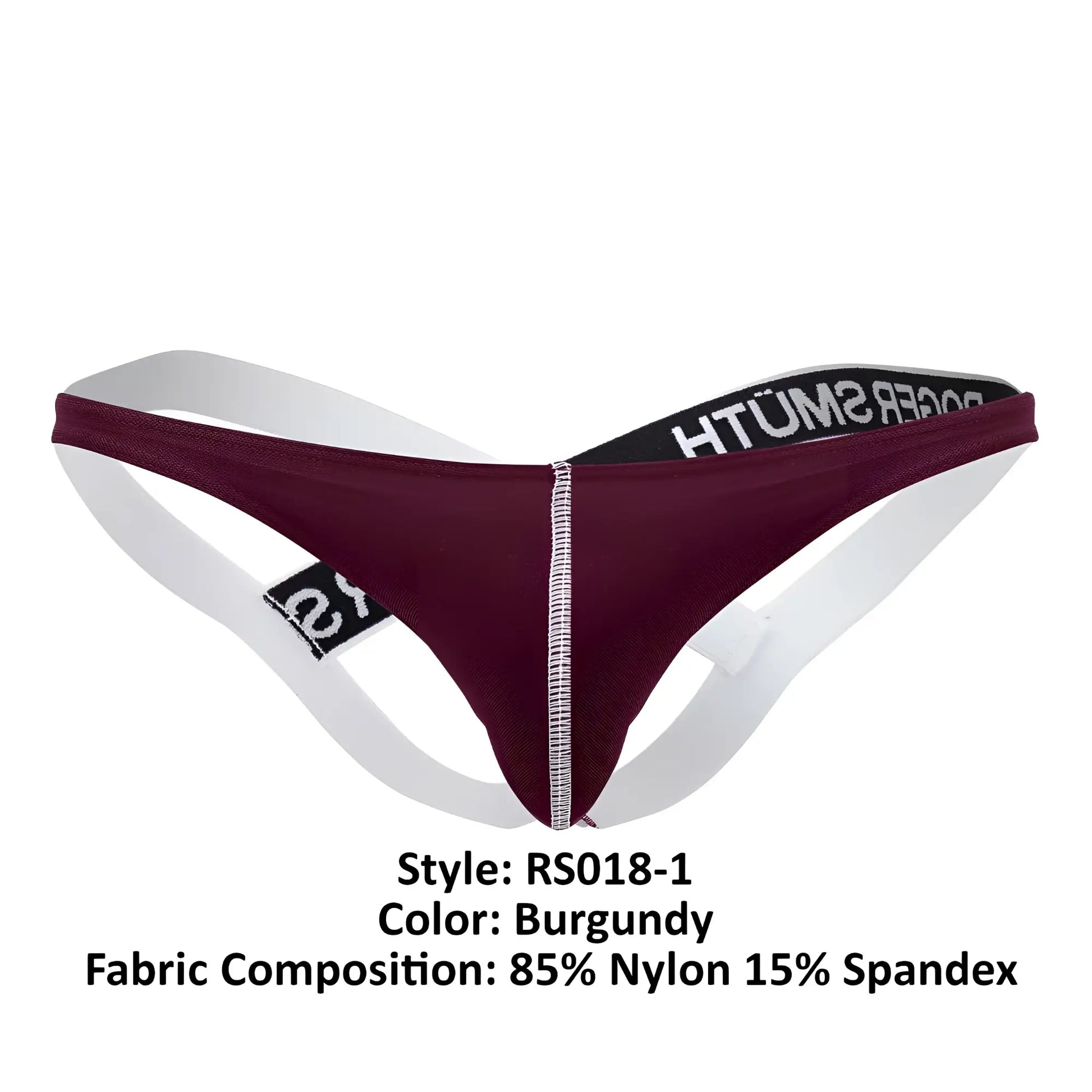 Burgundy Roger Smuth RS018-1 jockstrap with white side straps and black waistband branded poker smut in white lettering