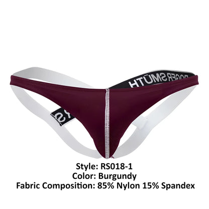 Burgundy Roger Smuth RS018-1 jockstrap with white side straps and black waistband branded poker smut in white lettering