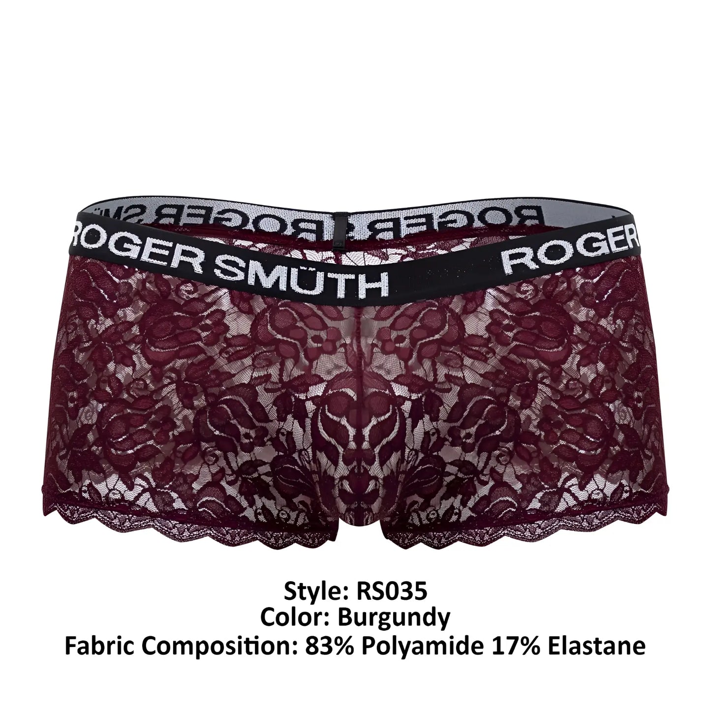 Roger smuth rs035 trunks burgundy lace underwear with black elastic waistband and roger smuth branding