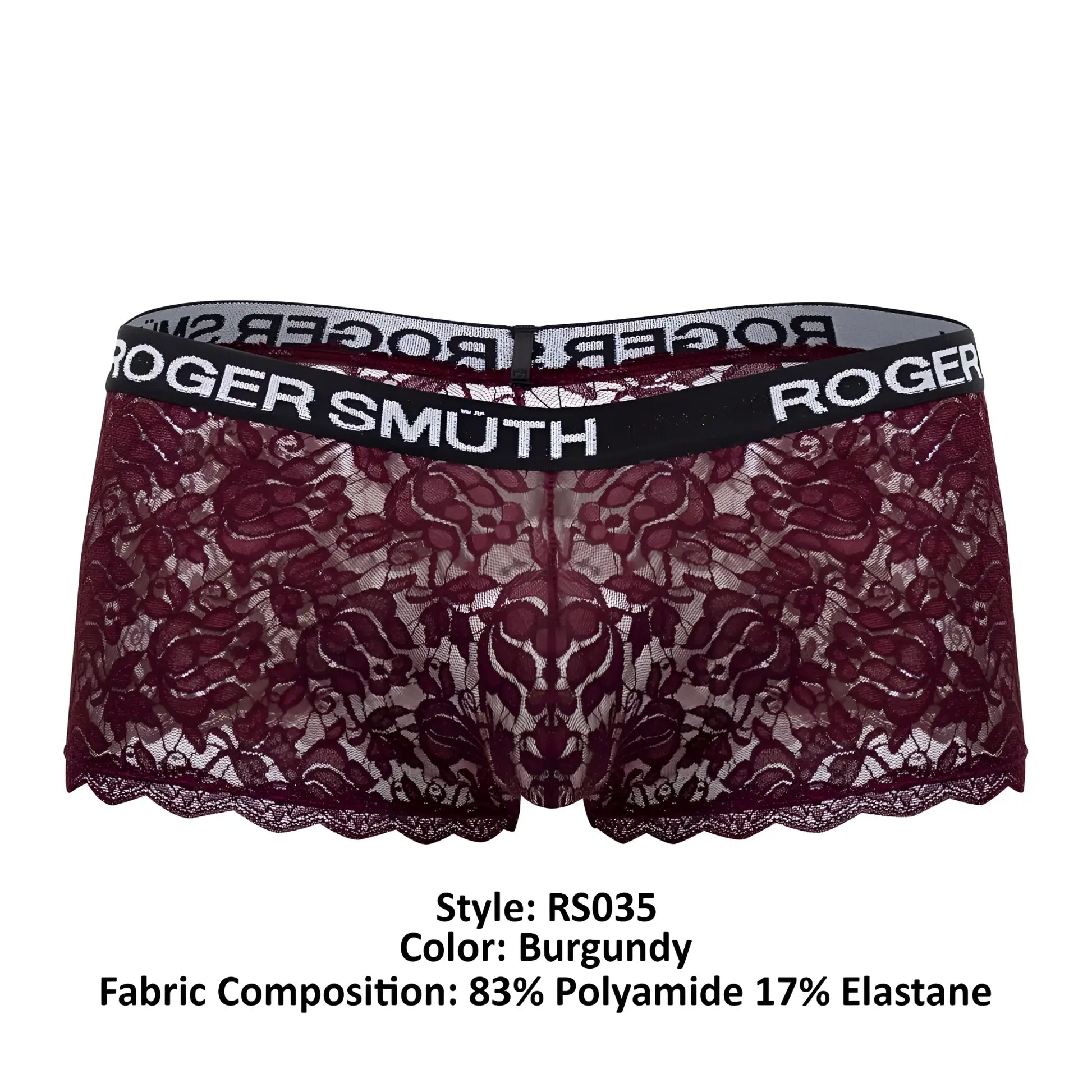 Roger smuth rs035 trunks burgundy lace underwear with black elastic waistband and roger smuth branding