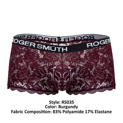 Roger smuth rs035 trunks burgundy lace underwear with black elastic waistband and roger smuth branding