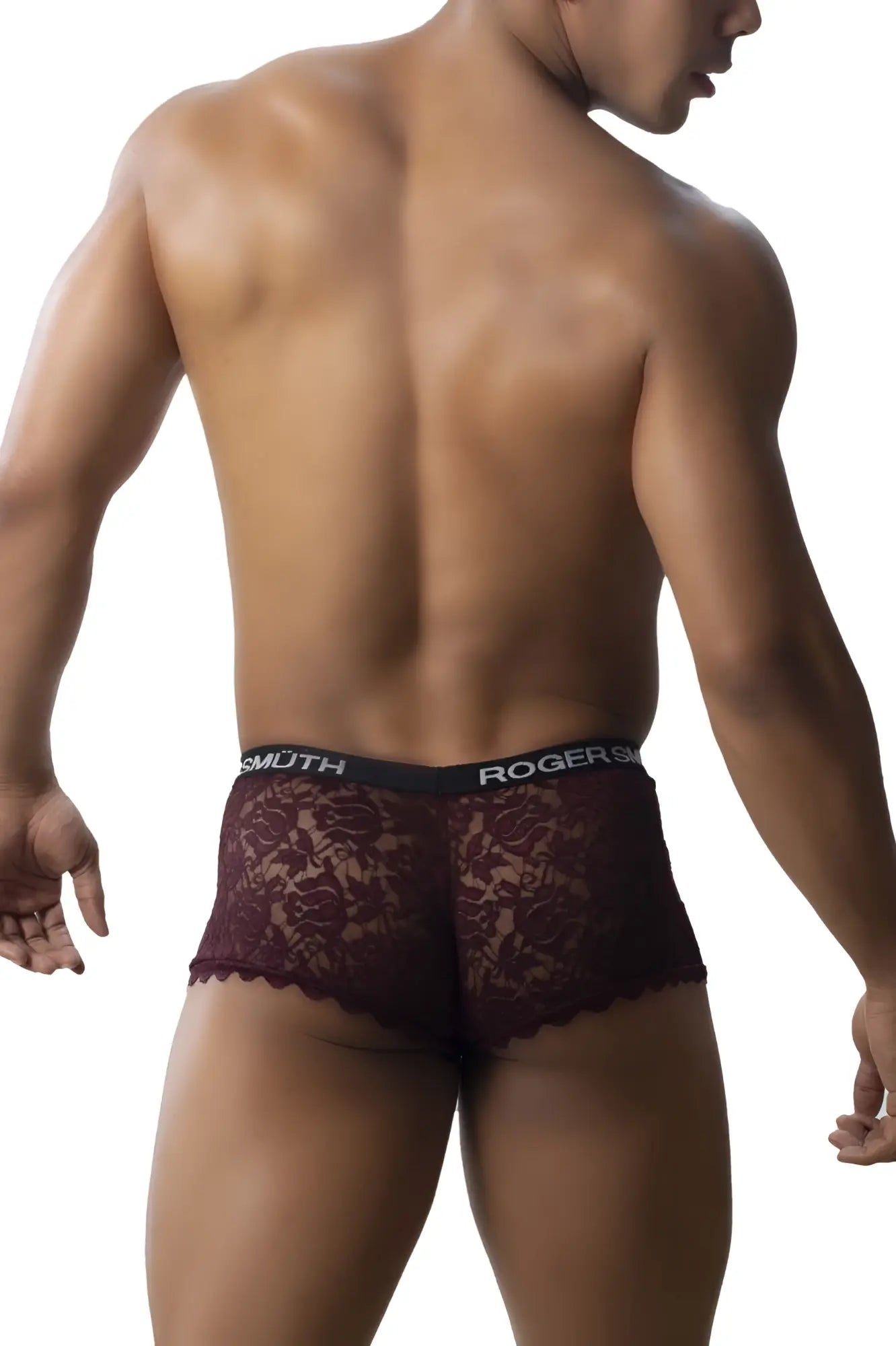 Maroon lace Roger Smith RS035 trunks with black elastic waistband featuring the Roger Smith brand name
