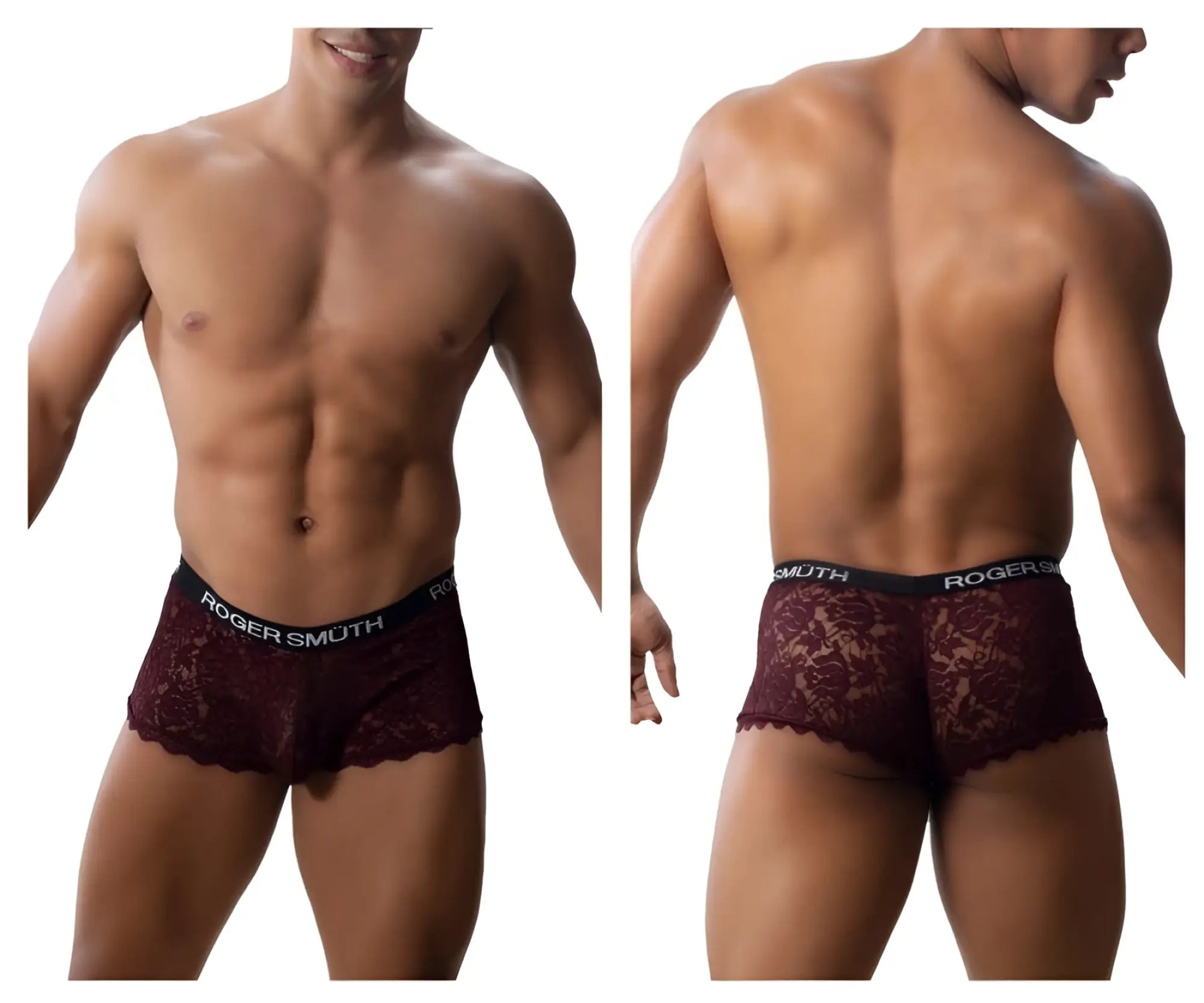 Maroon lace briefs with black elastic waistband featuring roger smuth logo from roger smuth rs035 trunks burgundy