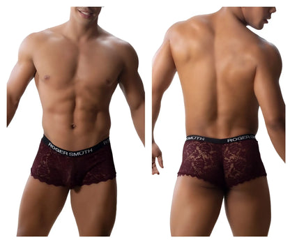 Maroon lace briefs with black elastic waistband featuring roger smuth logo from roger smuth rs035 trunks burgundy