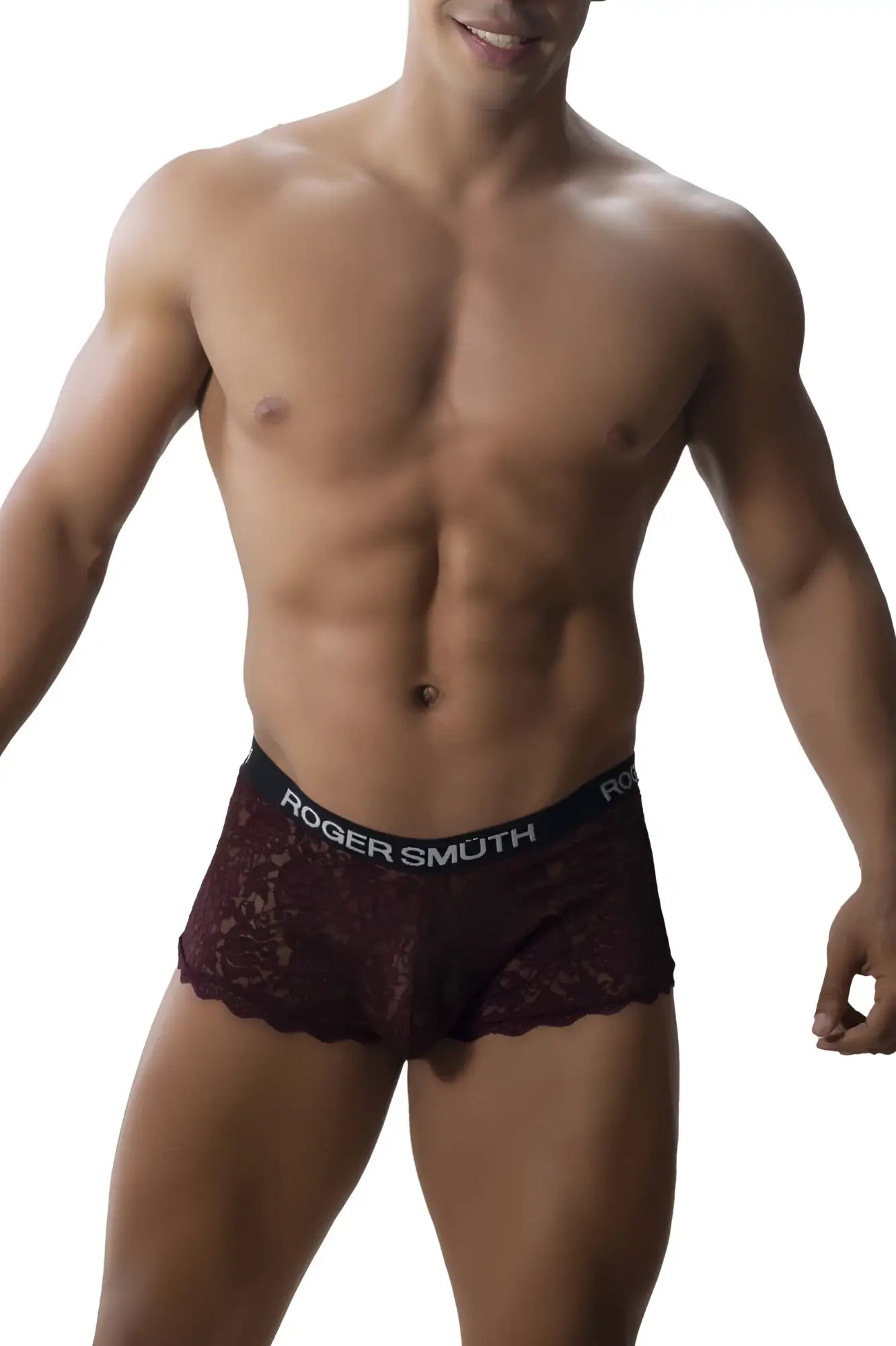 Maroon lace boxer briefs with black elastic waistband featuring roger smuth in white from rs035 trunks burgundy