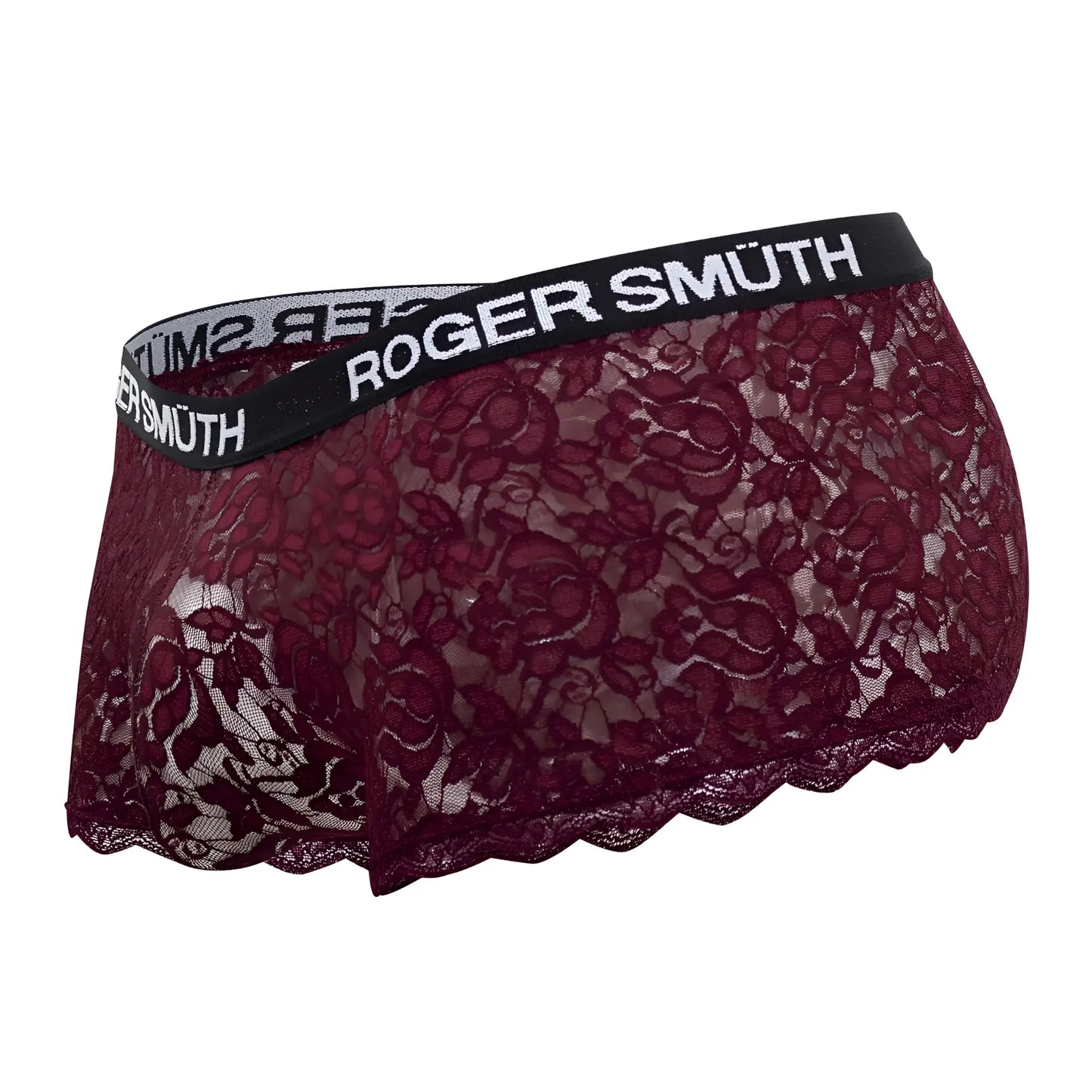 Roger Smuth RS035 trunks in burgundy lace with black elastic waistband featuring white roger smuth logo