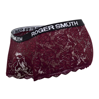 Roger Smuth RS035 trunks in burgundy lace with black elastic waistband featuring white roger smuth logo