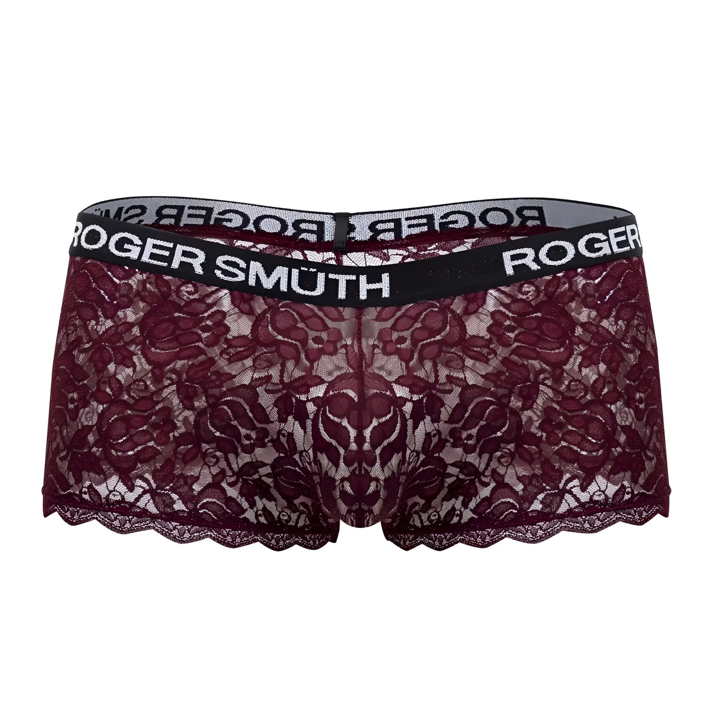 Roger smuth rs035 trunks color burgundy maroon lace underwear with black elastic waistband and white roger smuth branding