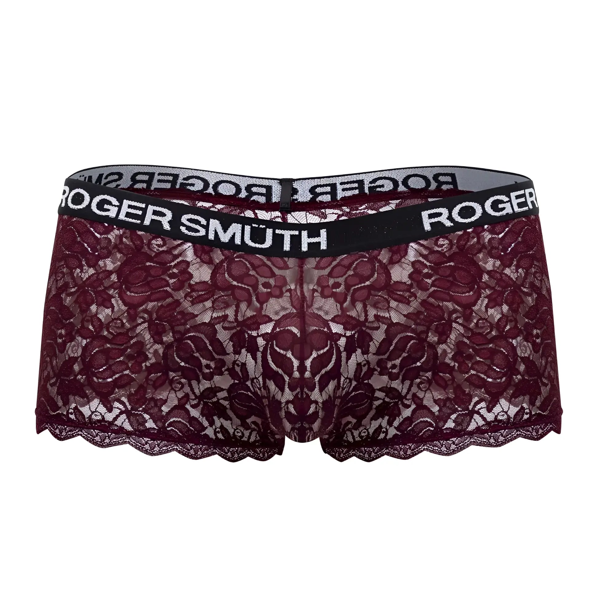 Roger smuth rs035 trunks color burgundy maroon lace underwear with black elastic waistband and white roger smuth branding