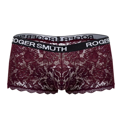 Roger smuth rs035 trunks color burgundy maroon lace underwear with black elastic waistband and white roger smuth branding